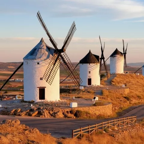 Molinos alineados en cerro con castillo al fondo al atardecer.