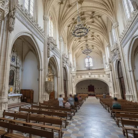 Nave central de iglesia con altos arcos, bóvedas decoradas y bancos de madera.