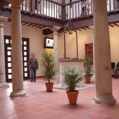 Patio con columnas de piedra y suelo de barro, con plantas en macetas y pozo central.