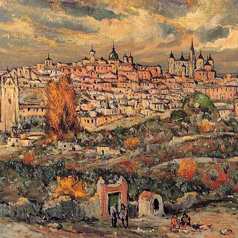 Pintura panorámica de una ciudad amurallada sobre una colina