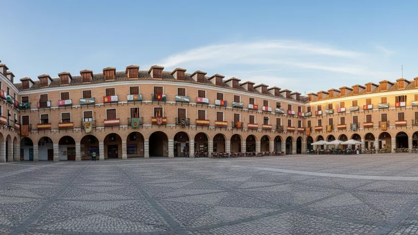 Plaza porticada con balcones y gran espacio empedrado