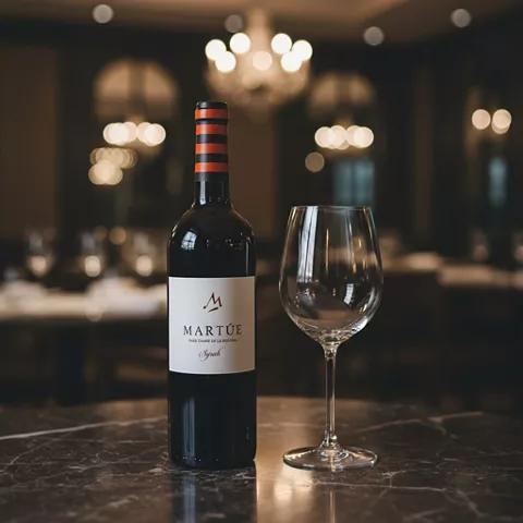 Botella de vino con cápsula a rayas junto a una copa sobre mesa oscura.