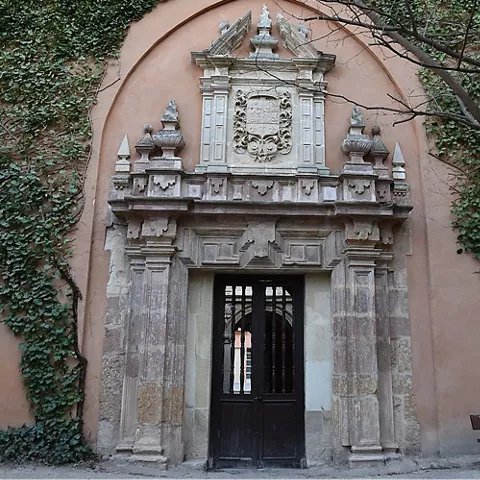 Portada de piedra tallada con arco monumental, escudo decorativo y muro cubierto de vegetación.