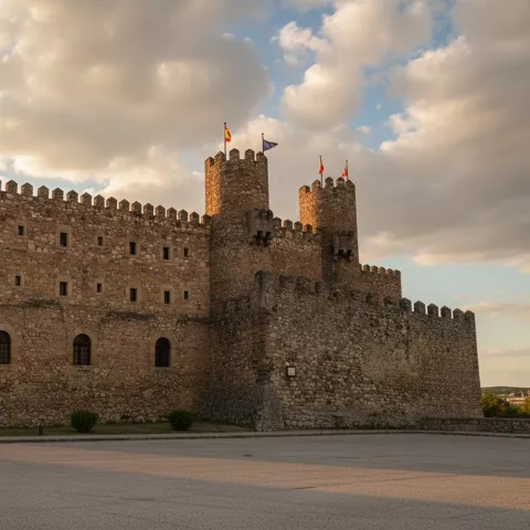 Plaza tradicional con casas de piedra.