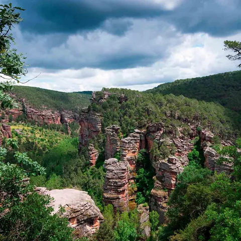 Formaciones rocosas verticales entre bosque y valle con cielo nublado.