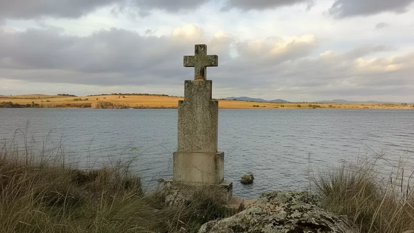 Cruz de piedra junto al embalse de Gasset en Picón (Ciudad Real), paisaje manchego de llanura y agua.