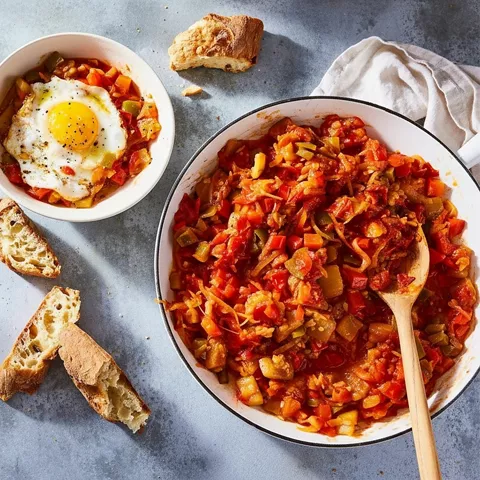 Pisto manchego con huevo y pan