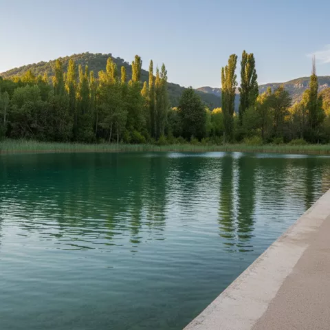 Playa fluvial con pasarela y arbolado