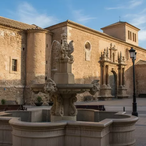 Fuente de piedra en primer plano frente a fachada monumental de iglesia.