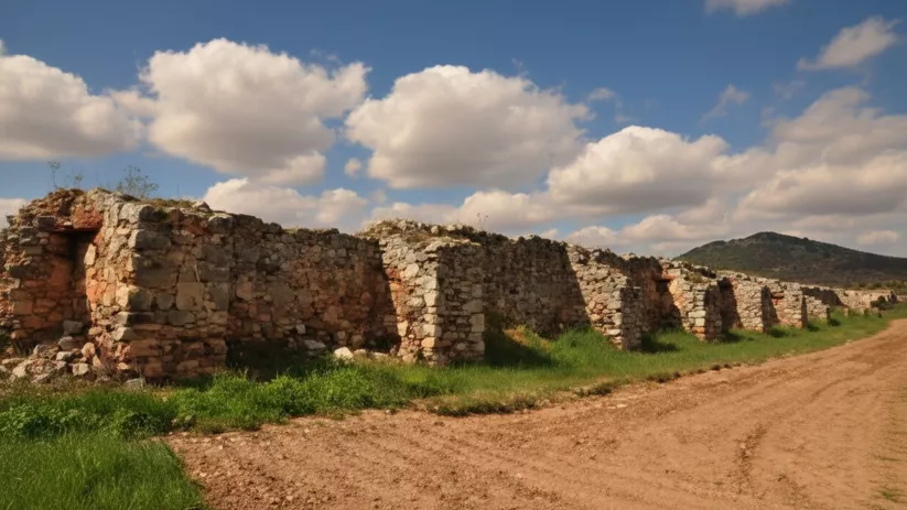 Restos de antiguos muros de piedra junto a un camino de tierra.