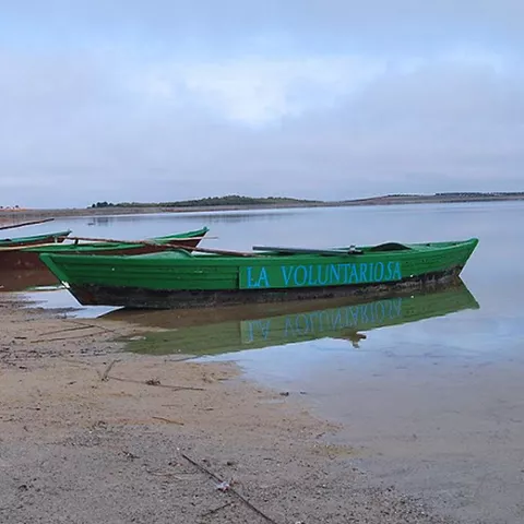 Barcas verdes varadas en la orilla de una laguna.