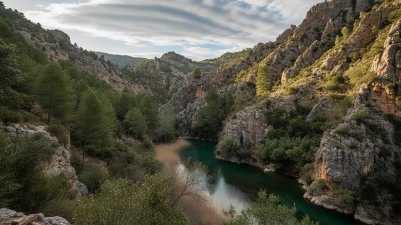 Lago verde entre desfiladeros y vegetación frondosa.