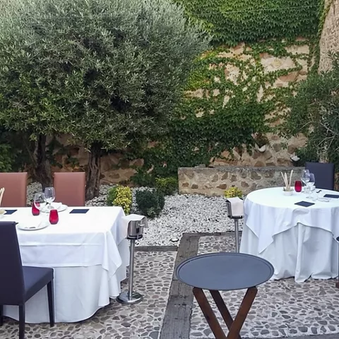 Patio con suelo de piedra, mesas redondas y árbol central.