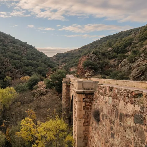 Paisaje otoñal que muestra un puente de piedra antiguo que cruza un arroyo. 