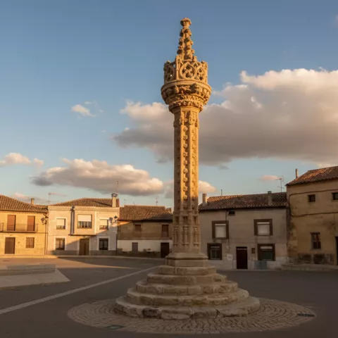 Columna de piedra ornamentada al atardecer en una plaza