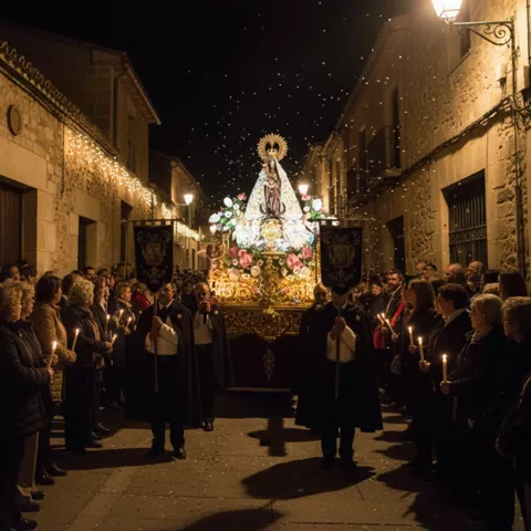 Procesión nocturna iluminada con velas