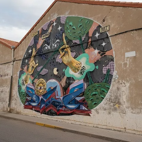 Mural circular de estilo cómic en fachada envejecida.