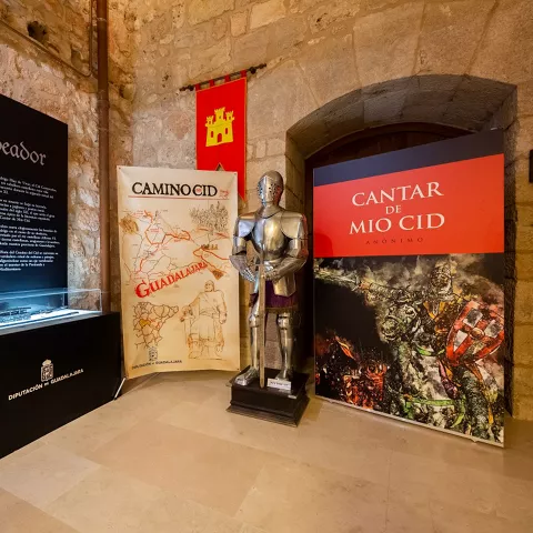 Sala expositiva con armadura y paneles.