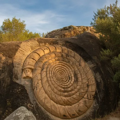 Relieve en espiral tallado sobre gran bloque rocoso