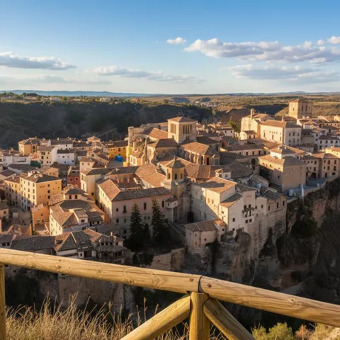Casco antiguo sobre acantilado al atardecer.