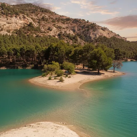 Orilla de agua turquesa con pequeña isla arbolada