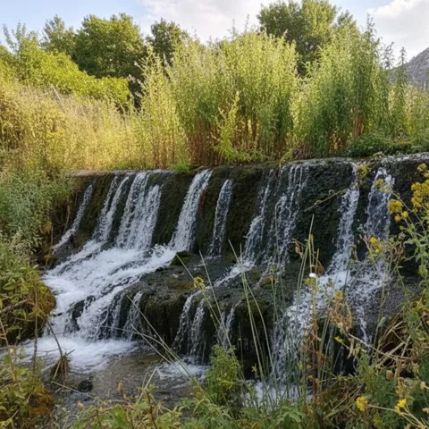 Cascada baja y ancha entre plantas silvestres, con agua corriendo sobre roca cubierta de musgo.