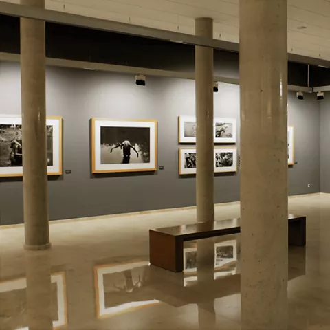 Sala de exposiciones fotográficas con columnas y suelo pulido