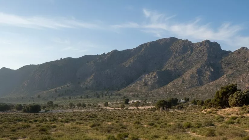 Llanura de matorral bajo una sierra rocosa