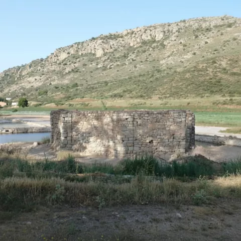 Construcción de piedra rodeada de estanques y paisaje seco.