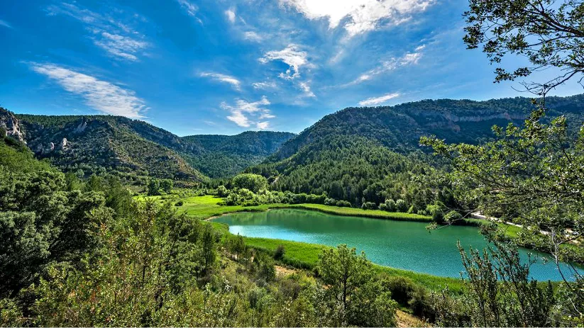 Lago verde entre montañas y bosque