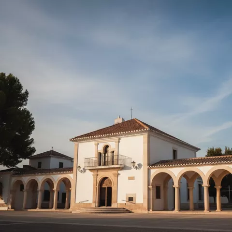 Fachada blanca con pórticos de arcos y balcón central bajo cielo despejado.