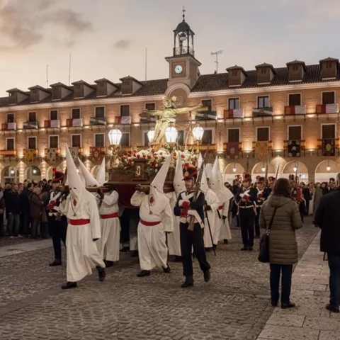 Procesión al anochecer con nazarenos y paso iluminado en plaza con soportales.