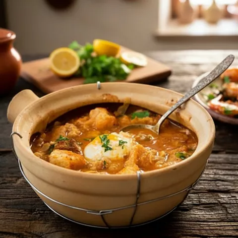 Guiso caliente con huevo y pan rústico