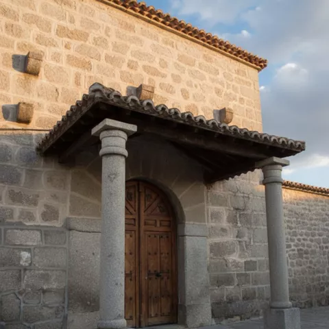 Primer plano de un pórtico de entrada a una iglesia de piedra, con dos columnas que sostienen un tejado de tejas de terracota y una puerta de madera de dos hojas.