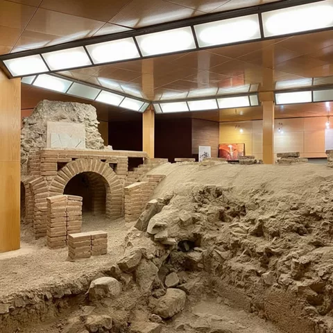 Arco de ladrillo y restos de muros en una sala de exposición con iluminación en el techo.