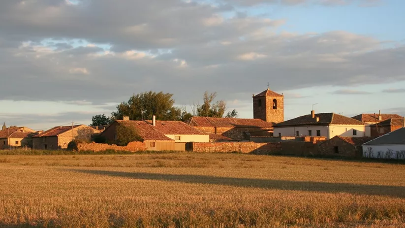 Vista del casco urbano al atardecer entre campos