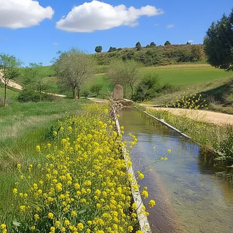 Acequia entre campos verdes