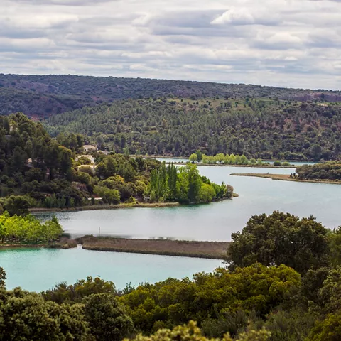 Vista panorámica de un lago rodeado de colinas y bosques.
