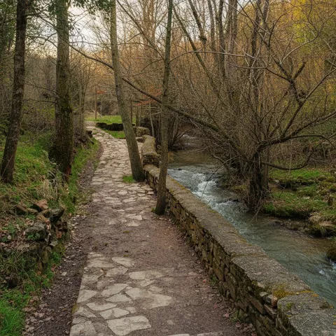 Sendero empedrado junto a río entre árboles