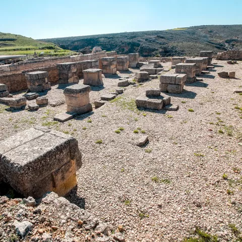 Restos de un edificio antiguo con bases de columnas alineadas al aire libre.