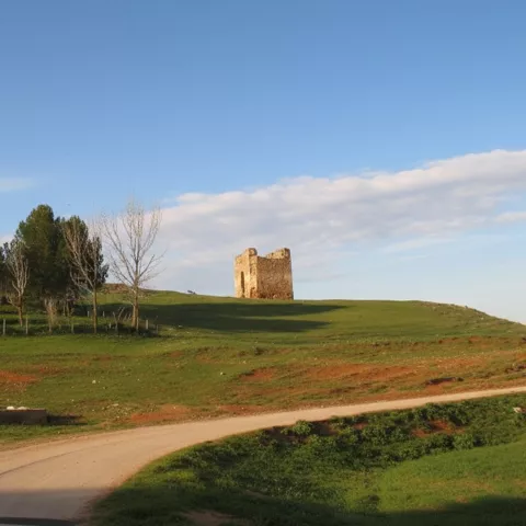 Colina con restos de construcción y camino rural