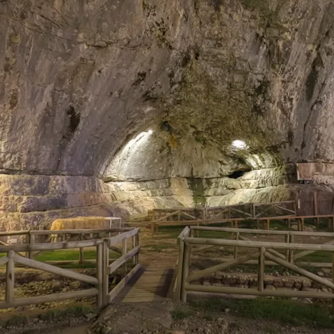 Interior de una gran cueva iluminada con sendero vallado