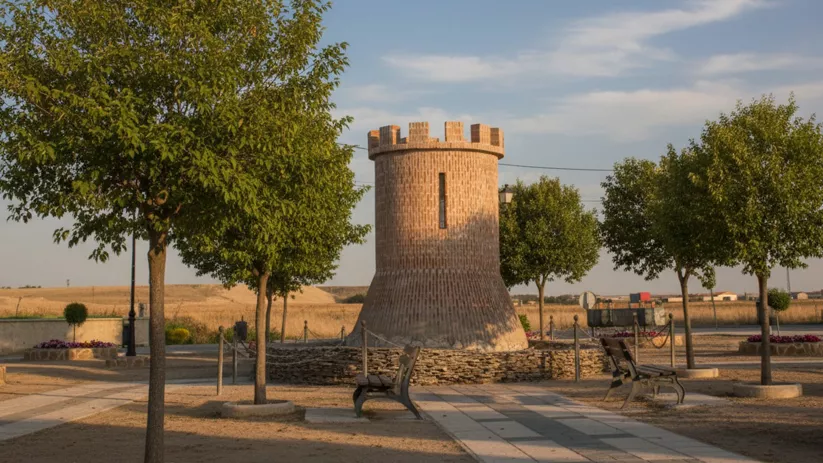 Una torre de vigilancia de ladrillo en miniatura situada en un parque con bancos de madera, árboles y campos dorados detrás.