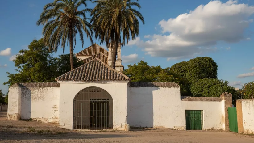 Un patio cerrado con muros blancos, una gran entrada arqueada con rejas de metal, y dos palmeras altas que se elevan sobre el tejado.