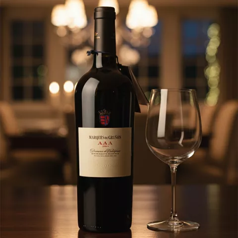 Botella de vino tinto y copa vacía con luces cálidas al fondo