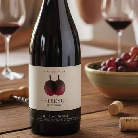 Botella de vino tinto sobre mesa con copas y personas brindando al fondo.