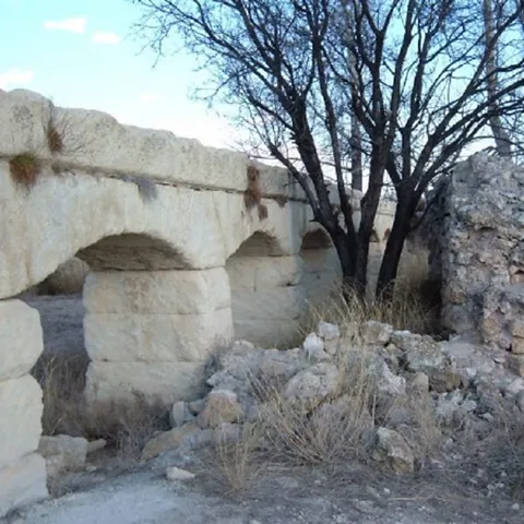 Restos de arcos de piedra junto a árboles y muros derruidos.