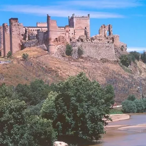 Castillo en ruinas sobre colina con vegetación y cielo despejado