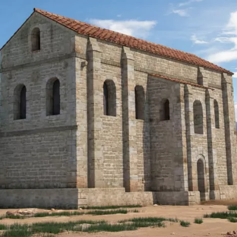Edificio de piedra rectangular con tejado rojo