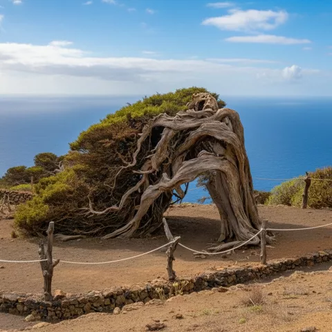 Árbol retorcido junto a un acantilado frente al mar